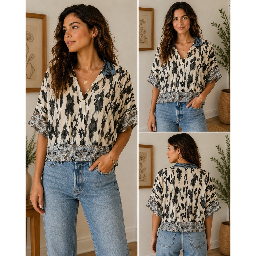 John Mark Top Abstract‎ Ikat Mixed Print Viscose Rayon Boho NWT Size M